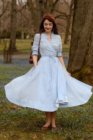 Darcy – Short Sleeve Ruffled V-Neckline Linen Wrap Dress